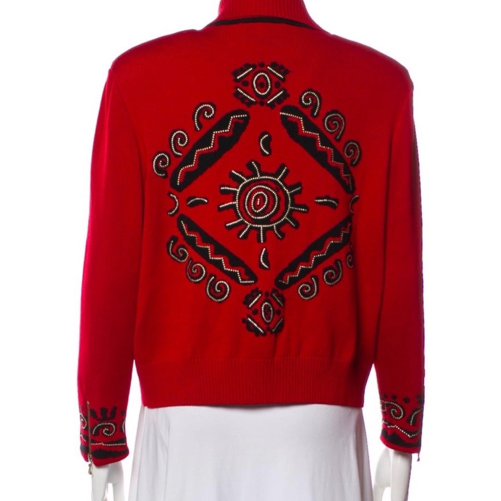 St. John Collection Red/Black Embellished Zip Sweater Jacket – Size S / M